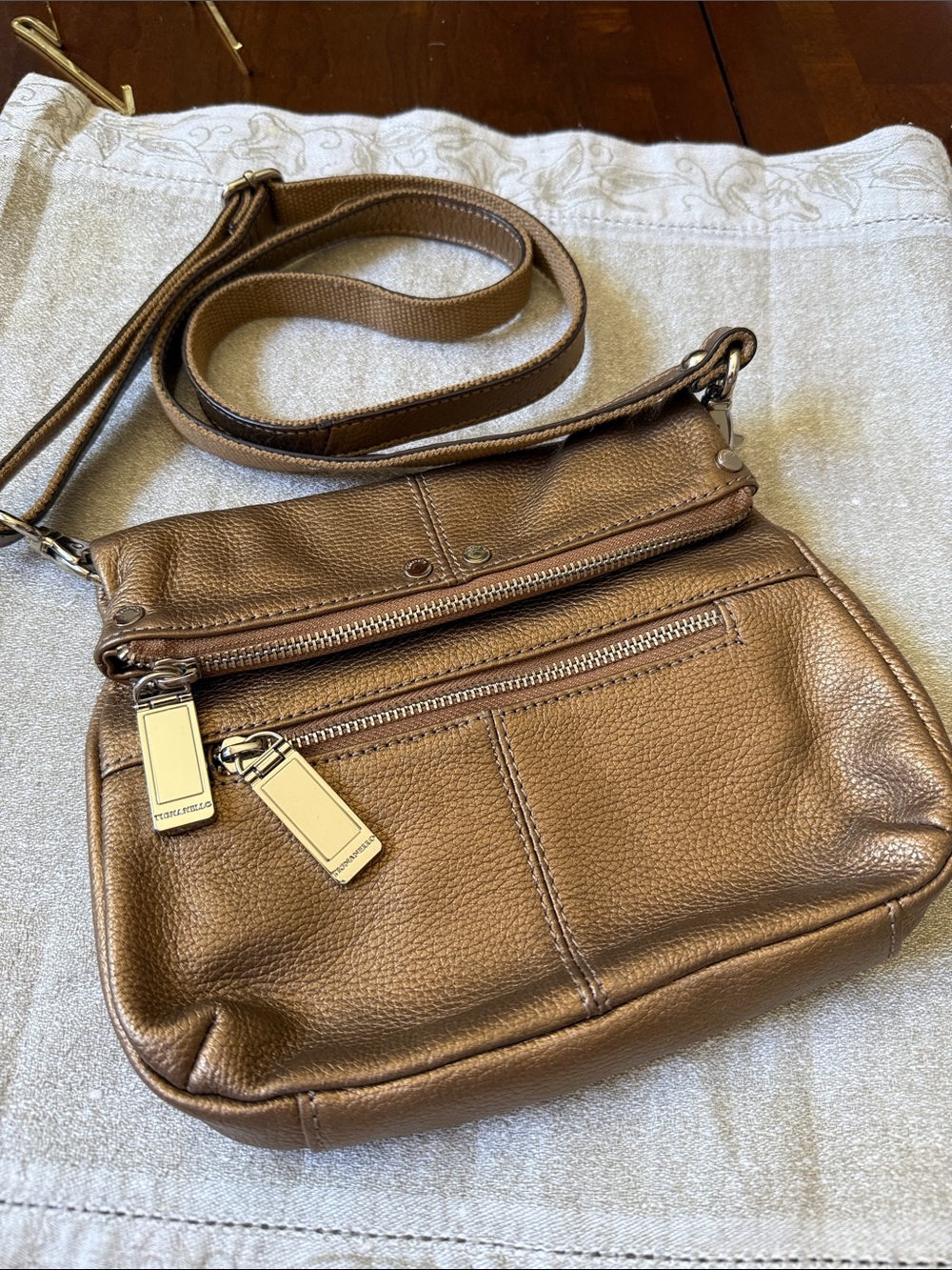Tignanello bronze metallic Leather Crossbody Flap Star Bag w Front Zipper Pocket